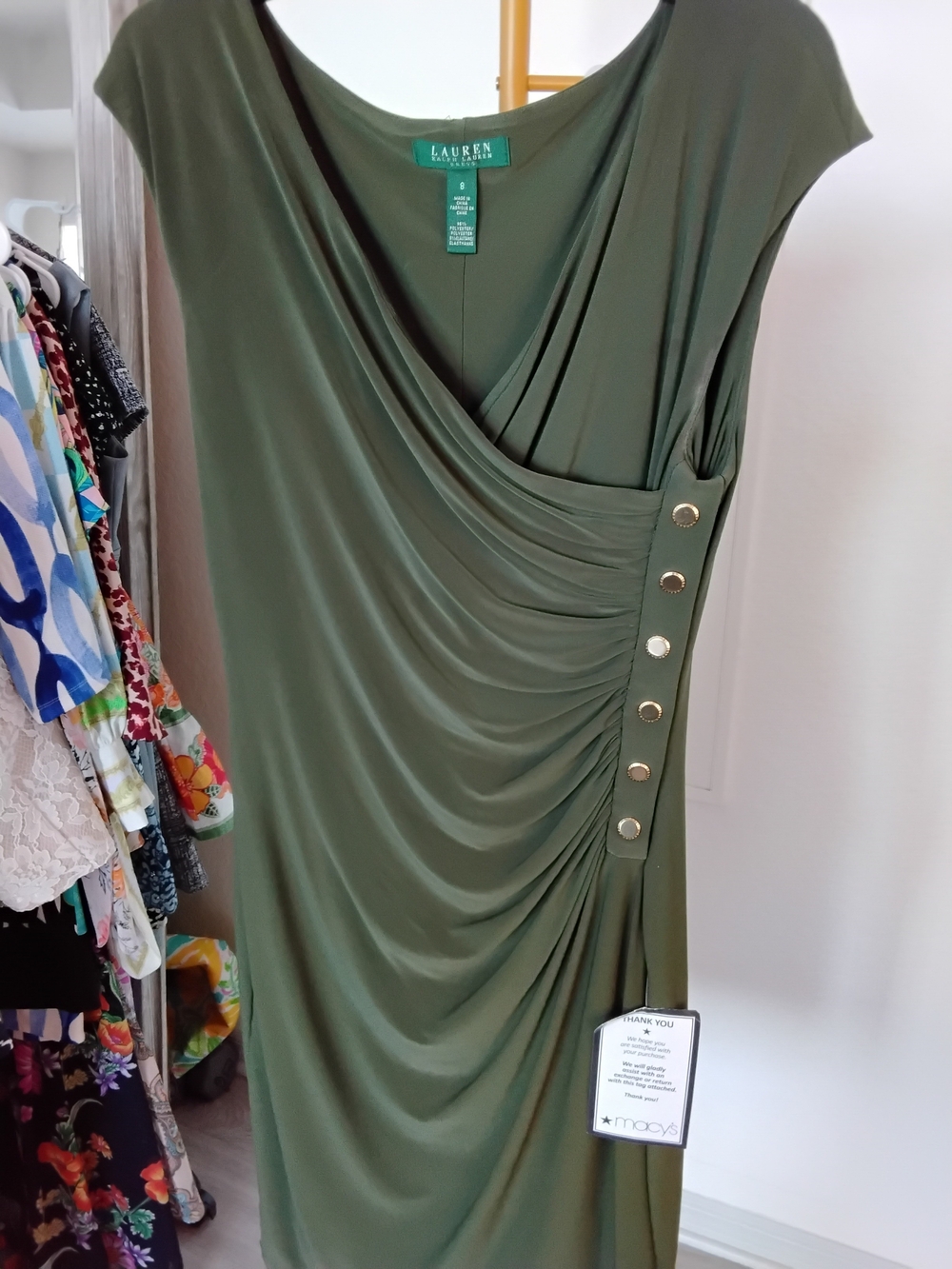 Lauren Ralph Lauren Olive Green Draped Midi Dress with Gold-Tone Buttons
